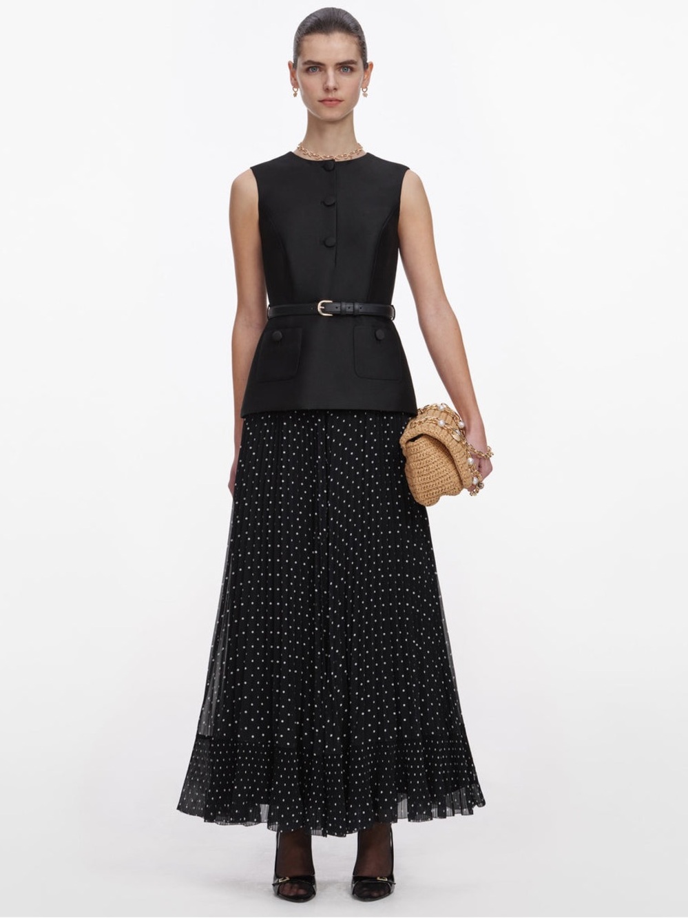 NWOT Self-Portrait Belted plissé polka-dot satin and taffeta midi dress